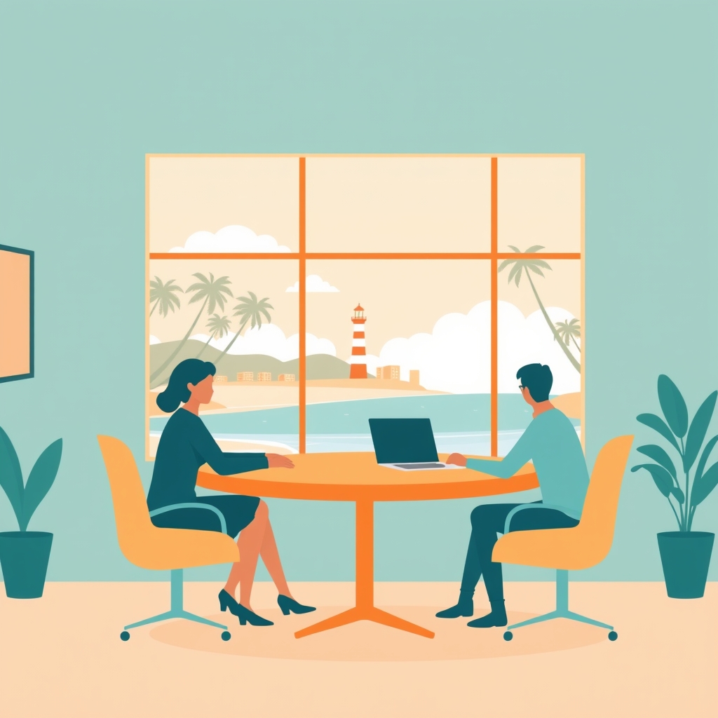 Three colleagues at a round table in an office overlooking the Durban beachfront
