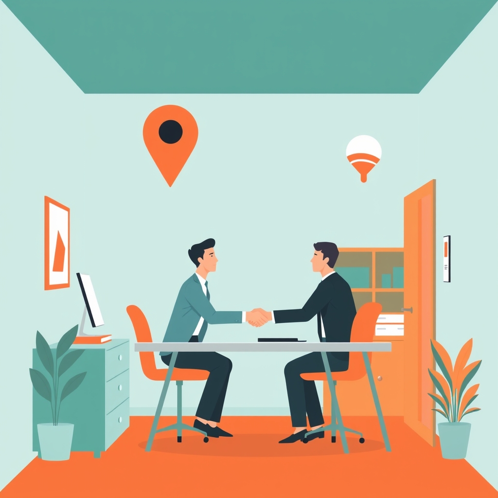 Two business people shaking hands across a desk beneath a map pin and magnifying glass