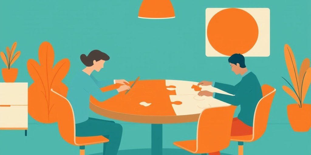 A small team assembling puzzle pieces around a table to represent the parts of a content plan