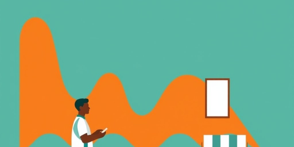 Illustration of a South African market stall owner beside wave shapes representing fluctuating monthly revenue