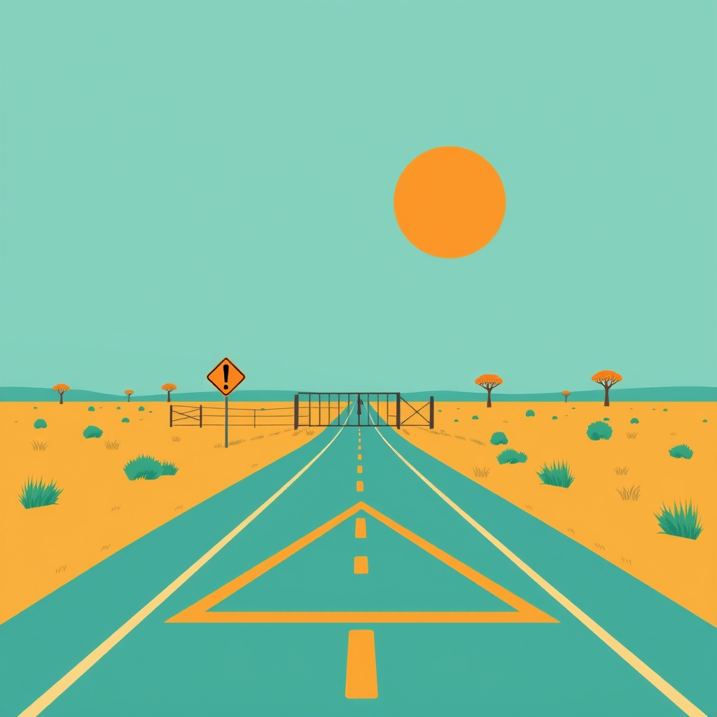 Road splitting between a locked gate and an open field, representing a risky and a safe agency choice