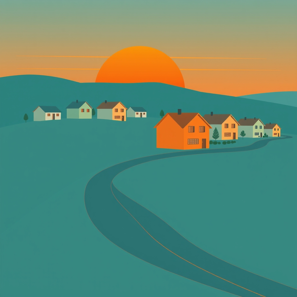 Illustration of a hillside suburb with one house highlighted, representing a suburb page