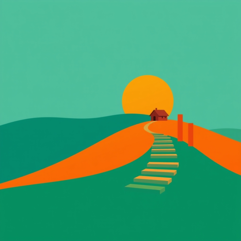 Illustration of a path from a house toward a sunrise, representing a step-by-step SEO plan