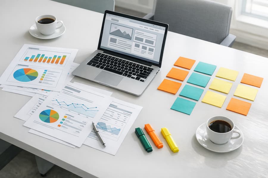 SEO strategy planning session with audit reports and task board