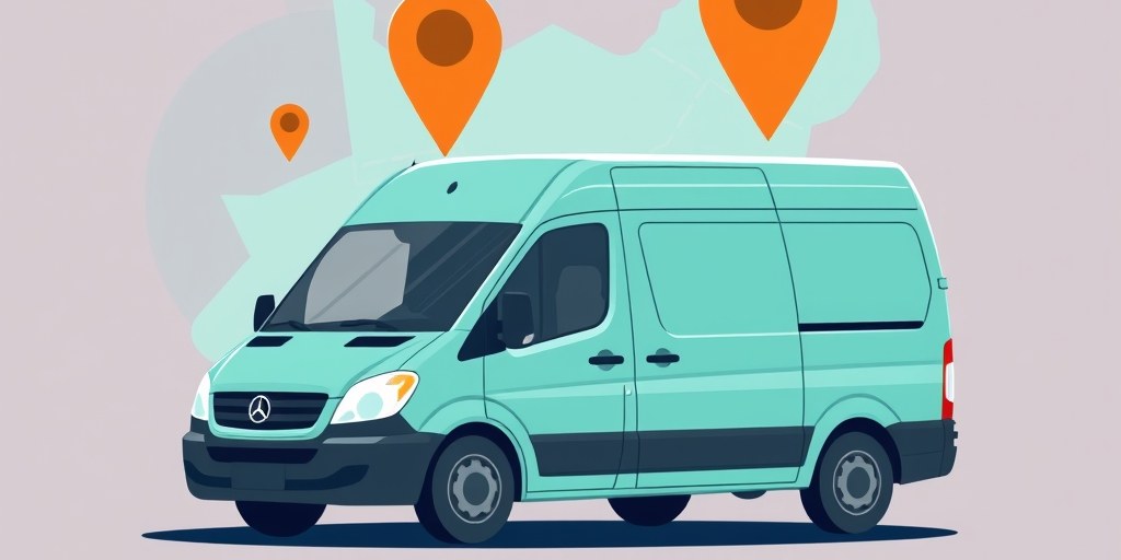 Illustration of a courier van beside a map with pins marking delivery routes