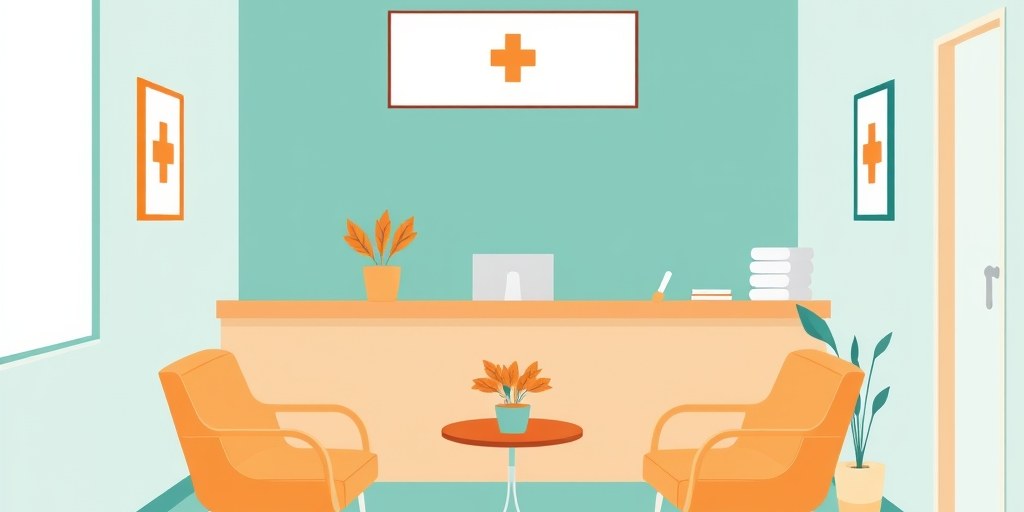 Flat illustration of a calm medical practice waiting area in teal and orange
