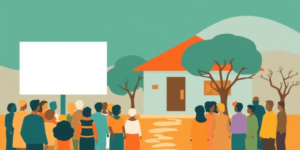Illustration of a South African community gathering outside a non-profit office, representing diverse website audiences