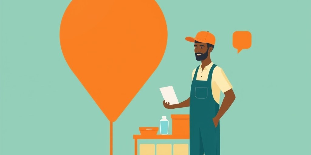 Illustration of a South African small business owner beside an abstract map pin and chat bubble shapes