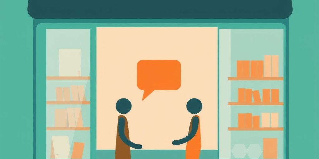 Illustration of two abstract figures in a small shop exchanging a speech bubble shape