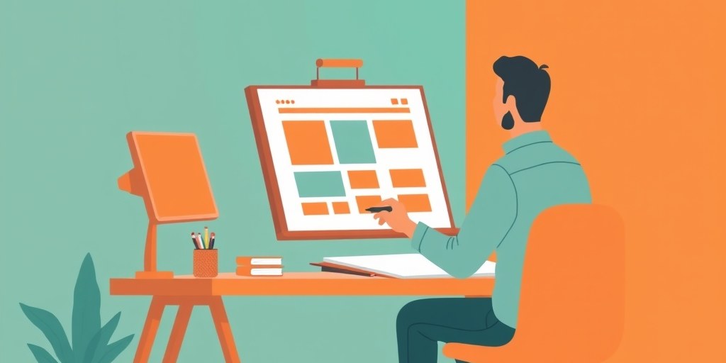 Illustration of a web designer sketching an abstract website layout made of simple geometric blocks