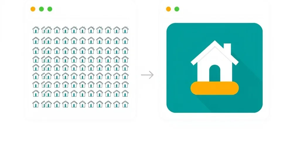 Illustration of a dense grid of identical property icons next to a single large property page, representing an agency website that stands apart from portal listings