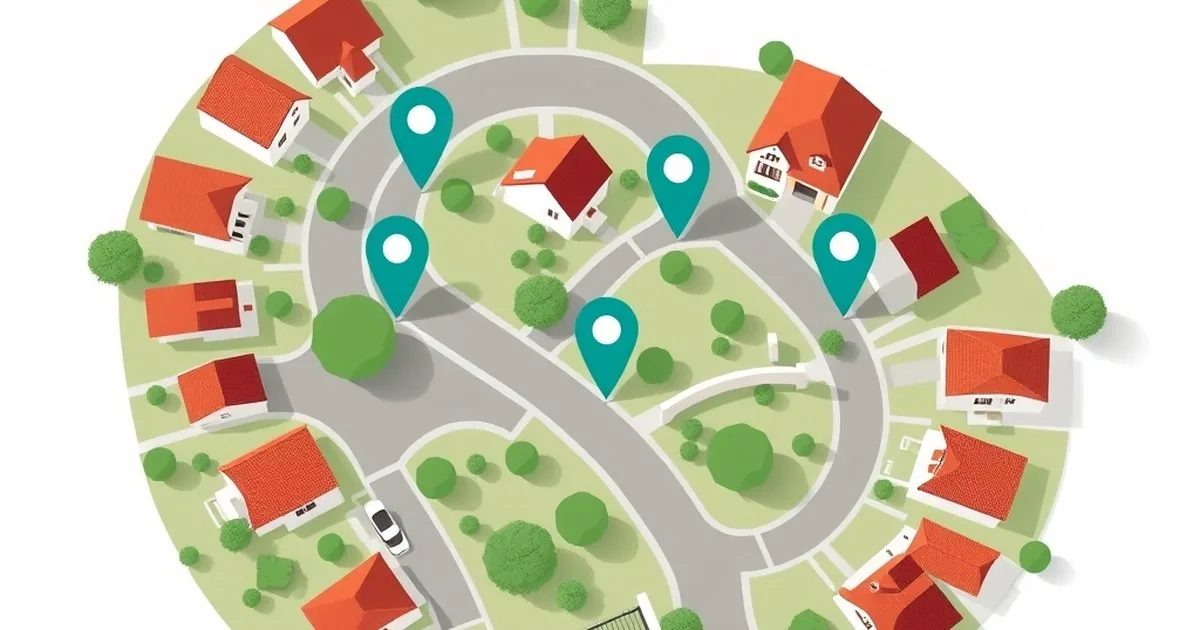 Illustration of a suburb map with curved streets, houses, a gated estate and teal location pins, representing suburb and security estate pages for an estate agency
