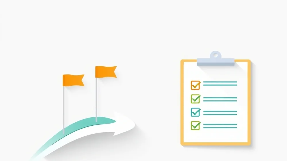 Illustration of a path with milestone flags next to a ticked checklist, representing a prioritised SEO fix roadmap