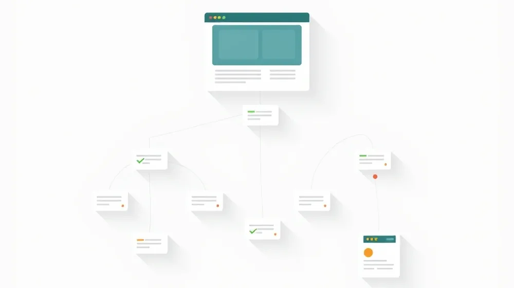 Illustration of a website structure as a tree of connected pages, some marked with ticks and some with warning dots, representing a technical site crawl