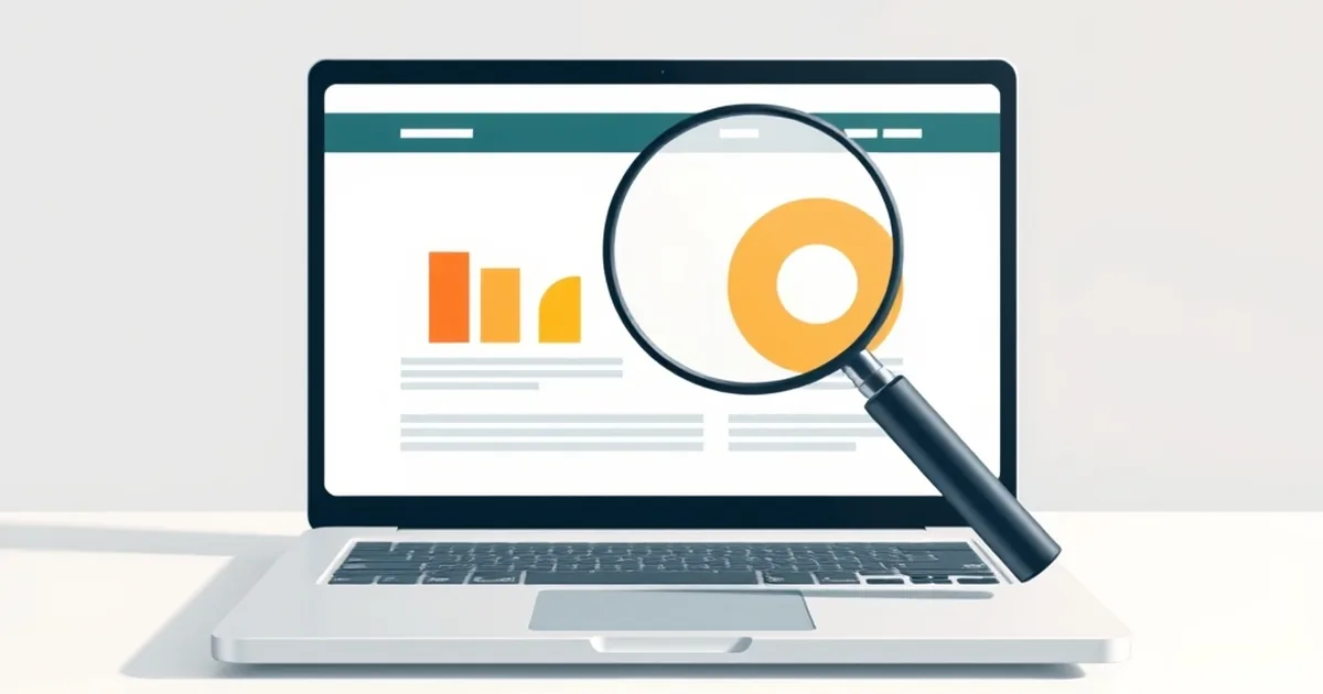 Illustration of a laptop showing an abstract website dashboard under a magnifying glass, representing an SEO audit of a South African business website