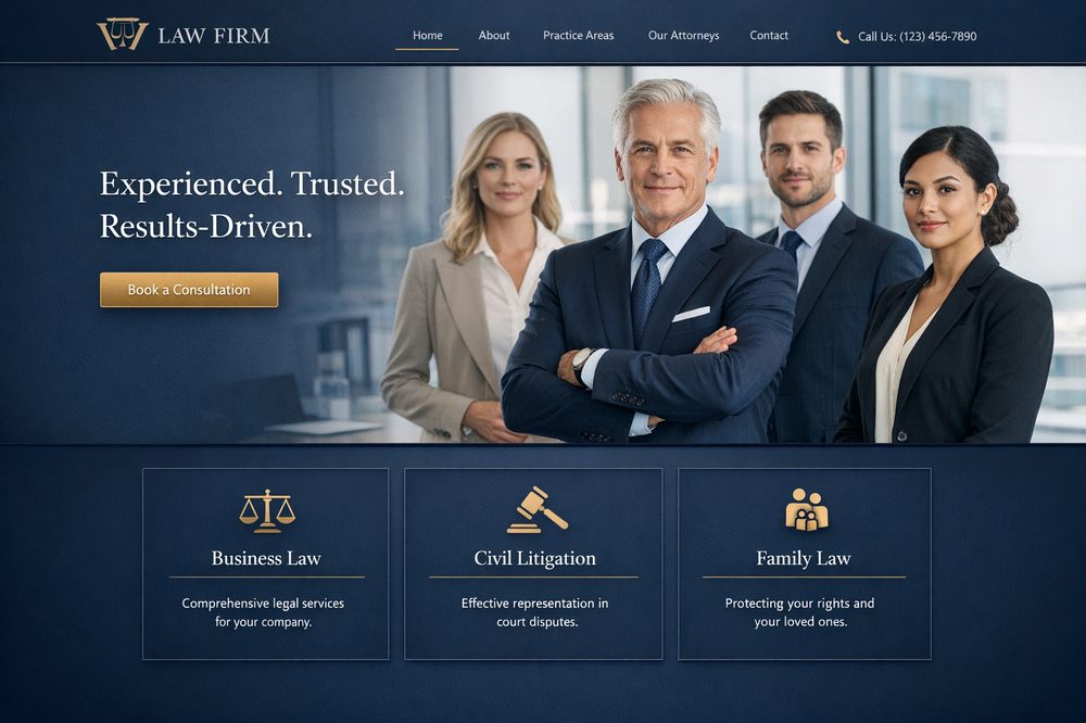 Professional law firm website homepage designed by NexusSEO, in navy and gold