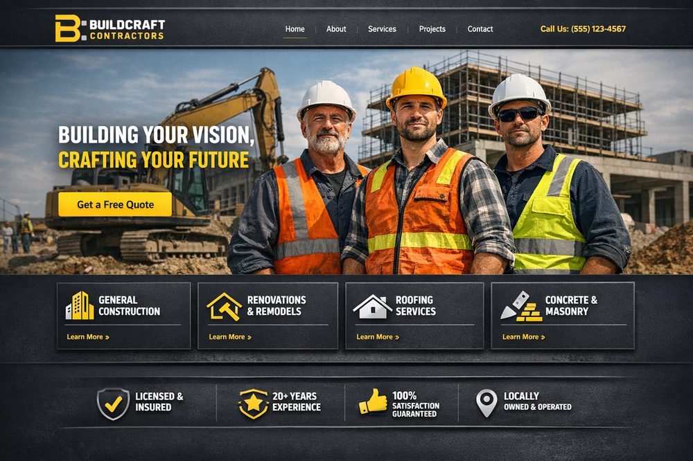 Construction contractor website homepage designed by NexusSEO, dark with yellow accents