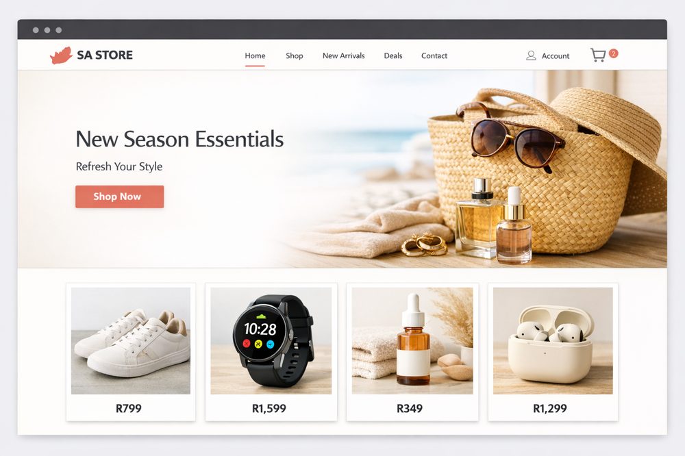 Modern e-commerce website homepage designed by NexusSEO, with product grid and Rand pricing