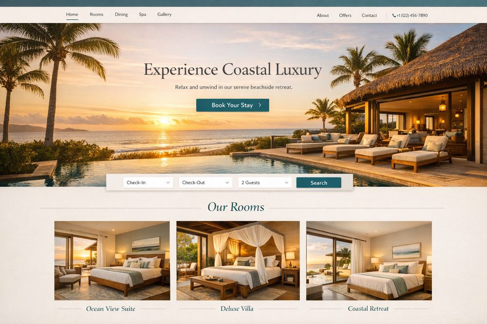 Coastal guest lodge website homepage designed by NexusSEO, with booking widget