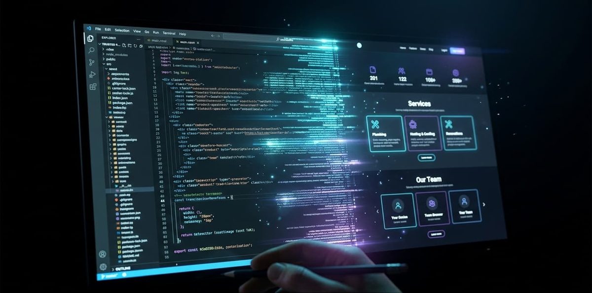 AI generating a modern website layout inside a code editor