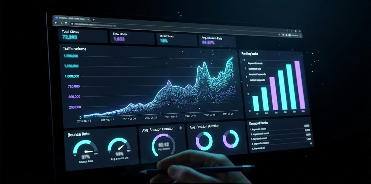 Analytics dashboard showing rising website traffic and search rankings